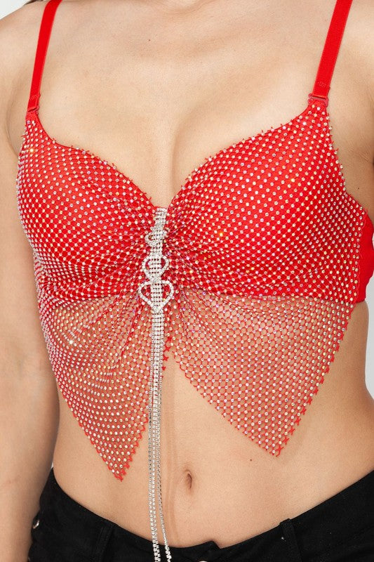 Heart Tassel Fringe Bow Rainbow Stud Mesh Bra