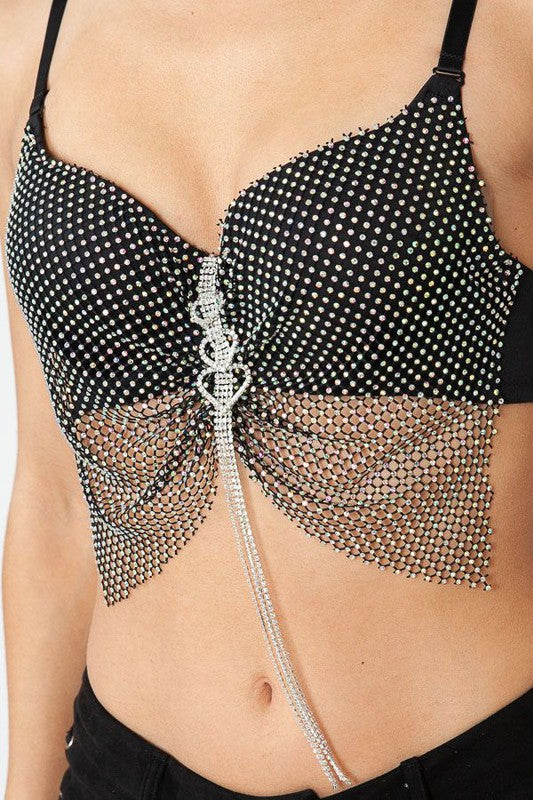 Heart Tassel Fringe Bow Rainbow Stud Mesh Bra
