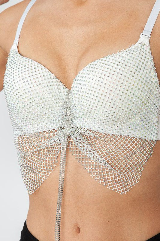 Heart Tassel Fringe Bow Rainbow Stud Mesh Bra