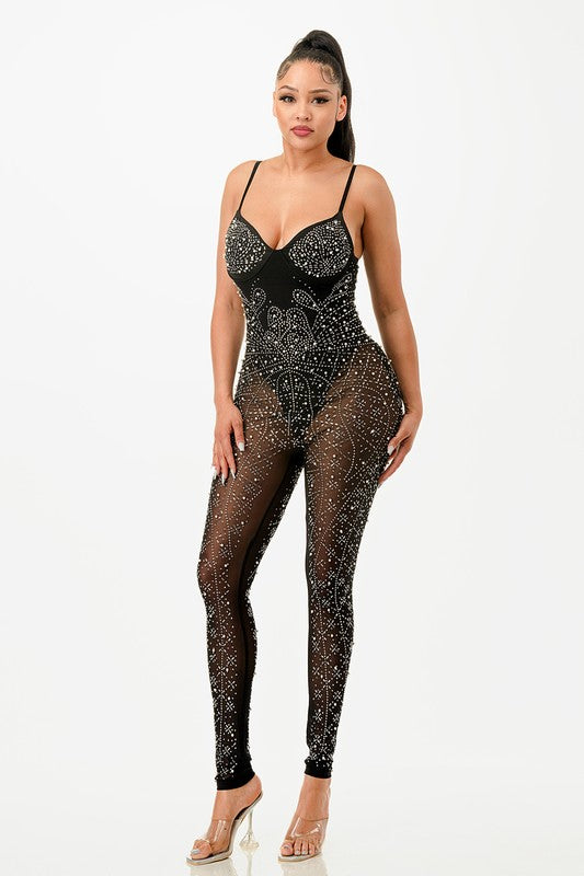 Sparkle Rhinestone Pearl Bodycon Romper Jumpsuit
