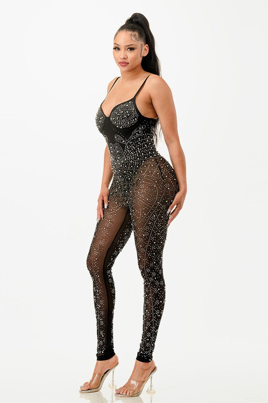 Sparkle Rhinestone Pearl Bodycon Romper Jumpsuit