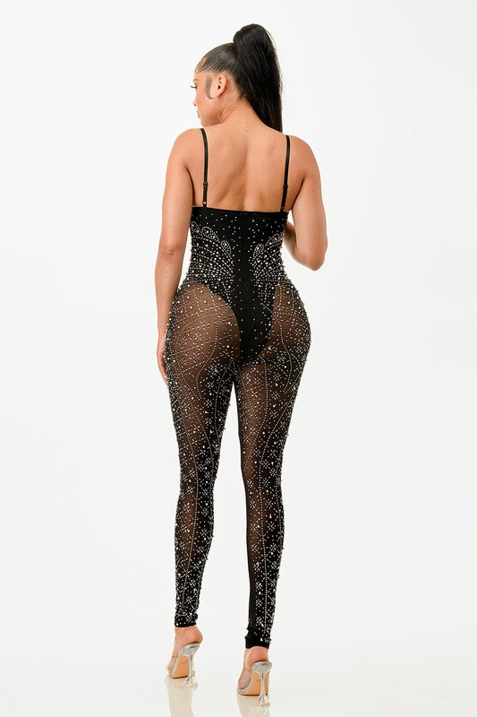 Sparkle Rhinestone Pearl Bodycon Romper Jumpsuit