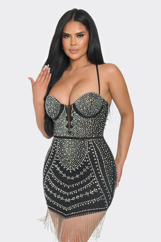 Rhinestone Tassel Bodycon Mini Dress