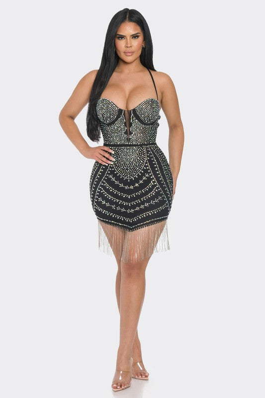 Rhinestone Tassel Bodycon Mini Dress