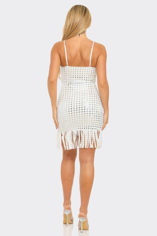 Square Rhinestone Fringe Hem Mini Dress