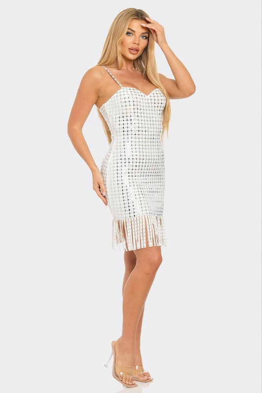 Square Rhinestone Fringe Hem Mini Dress