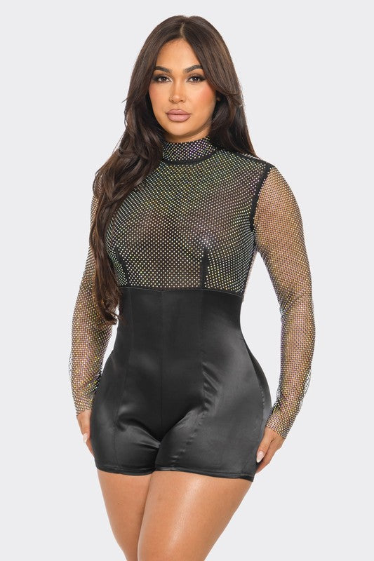 Rhinestone Satin Contrast Romper