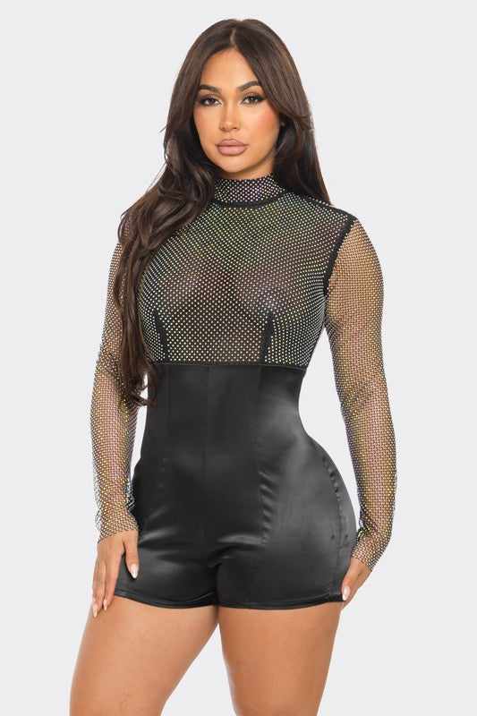 Rhinestone Satin Contrast Romper