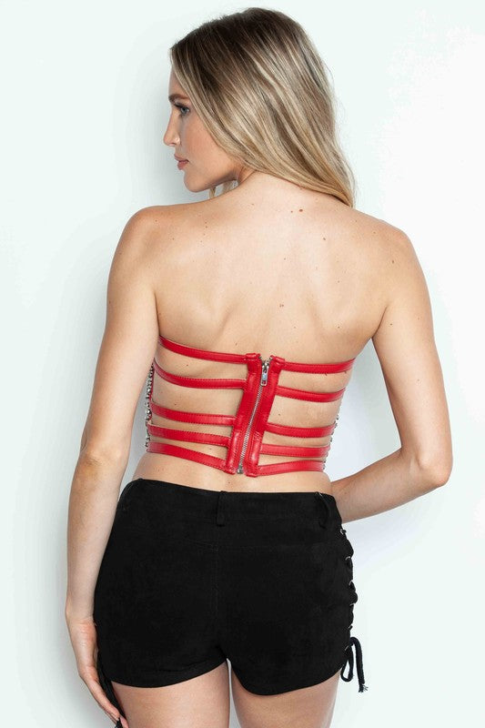 Pleather Massive Rhinestone Cage Bustier Crop Top