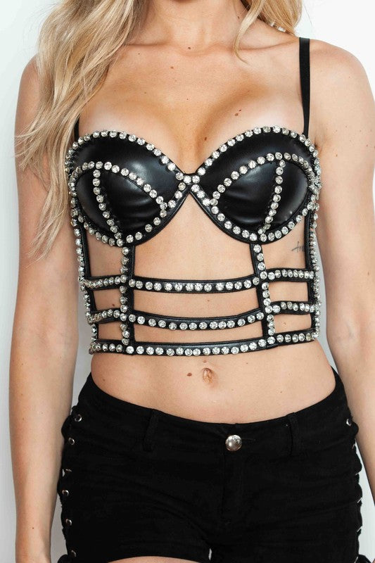 Pleather Massive Rhinestone Cage Bustier Crop Top