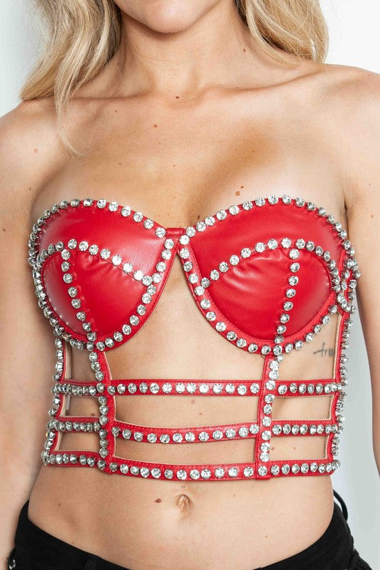 Pleather Massive Rhinestone Cage Bustier Crop Top