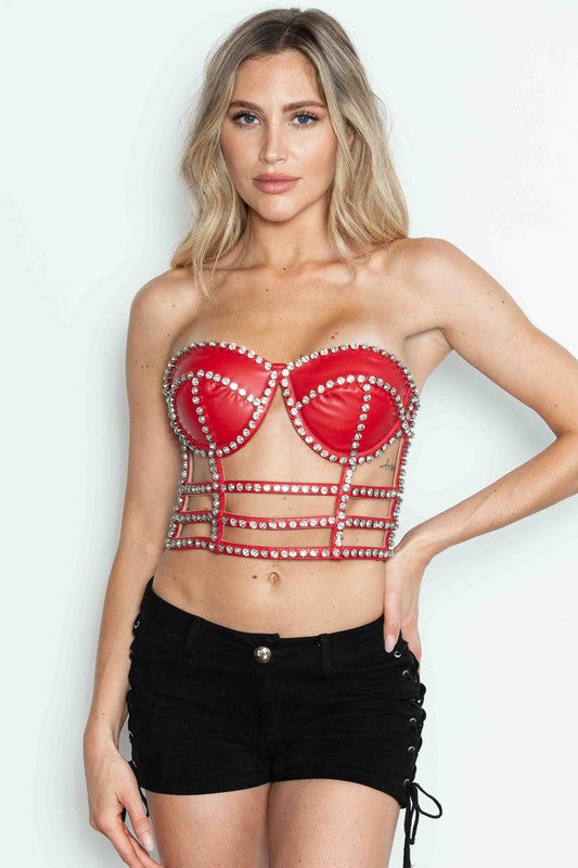 Pleather Massive Rhinestone Cage Bustier Crop Top