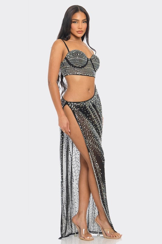 Rhinestone 2pcs Top & Skirt Set