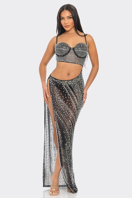 Rhinestone 2pcs Top & Skirt Set