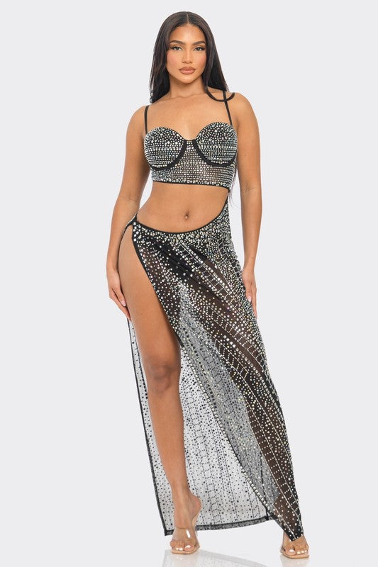 Rhinestone 2pcs Top & Skirt Set