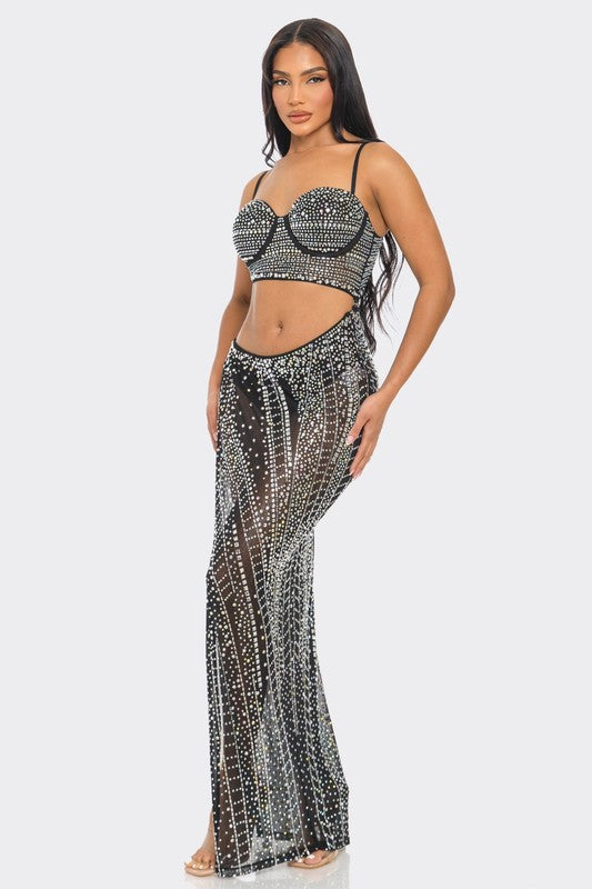 Rhinestone 2pcs Top & Skirt Set