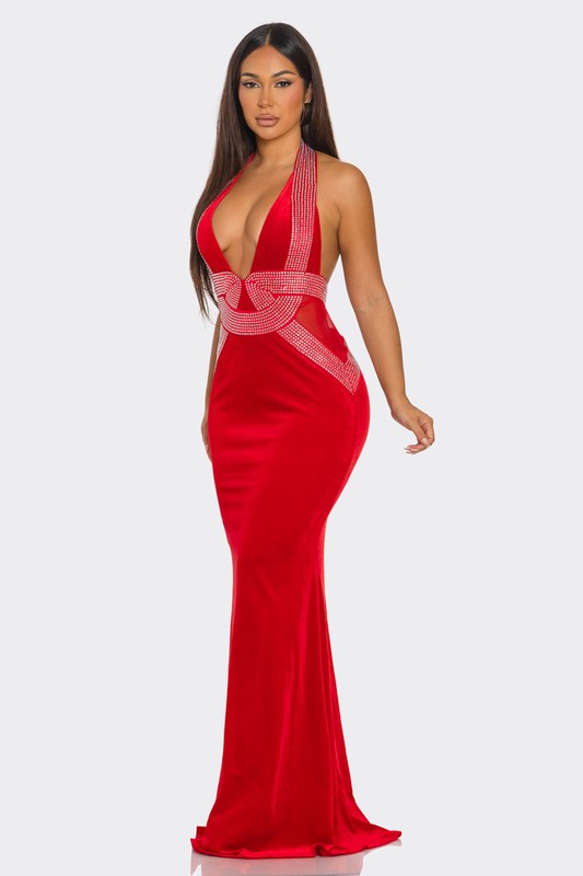 Rhinestone Embellished V Shaped Maxi Dress