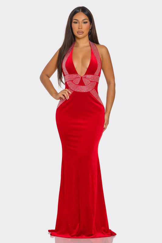 Rhinestone Embellished V Shaped Maxi Dress