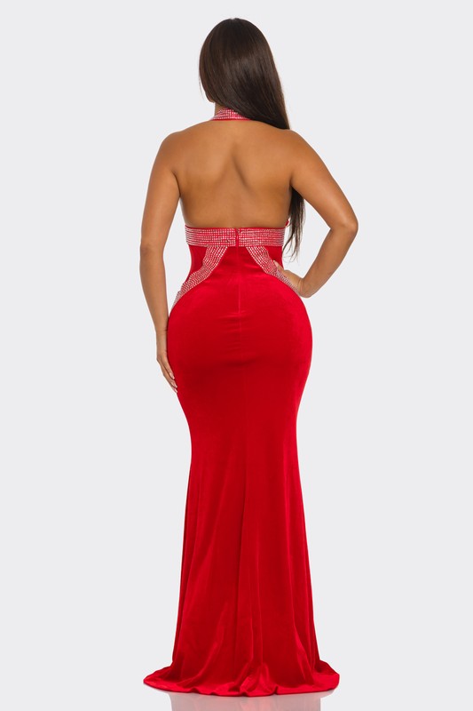 Rhinestone Embellished V Shaped Maxi Dress