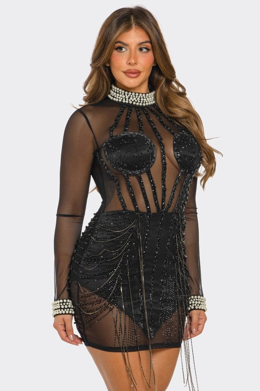 Rhinestone Embellished Sheer Mini Dress