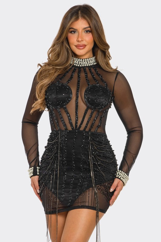 Rhinestone Embellished Sheer Mini Dress