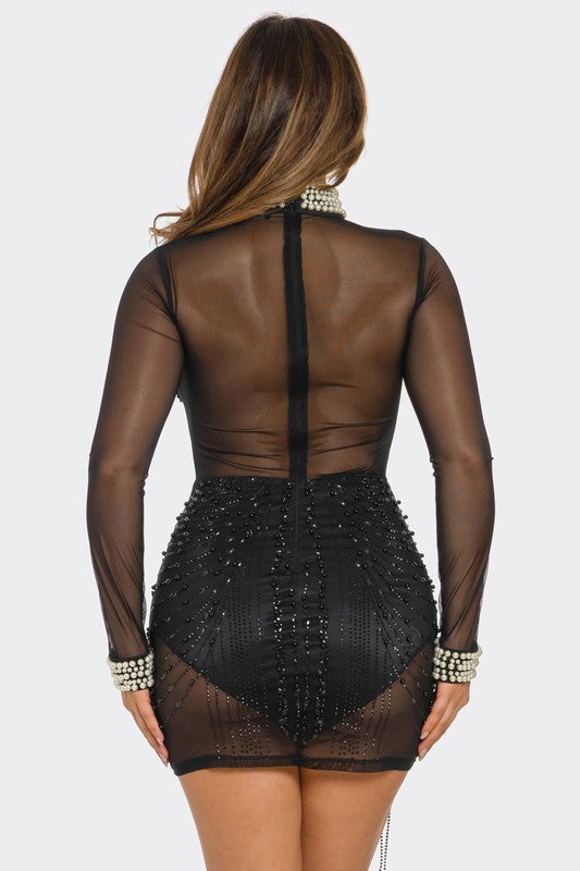 Rhinestone Embellished Sheer Mini Dress