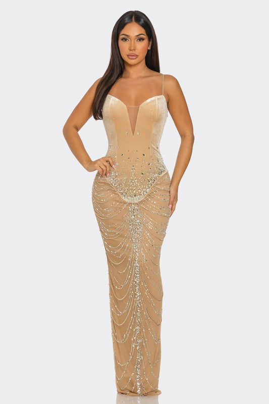 Rhinestone Embellished Draped Chain-like Dress