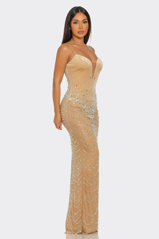 Rhinestone Embellished Draped Chain-like Dress