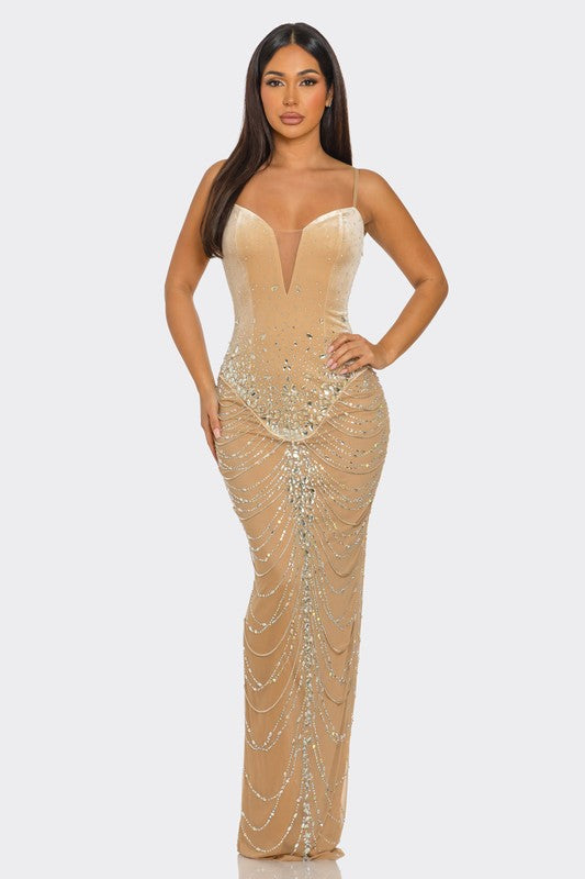 Rhinestone Embellished Draped Chain-like Dress
