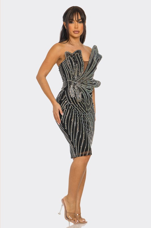 Flower Shape Rhinestone Suspender Mini Dress