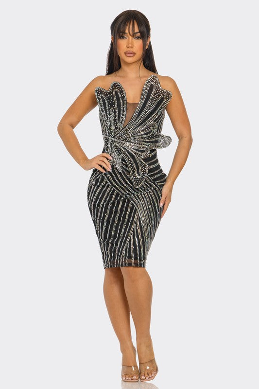 Flower Shape Rhinestone Suspender Mini Dress