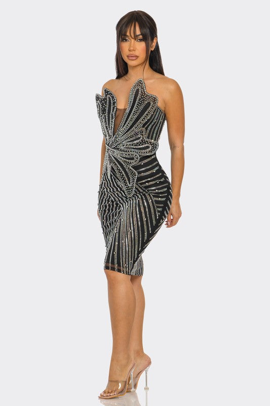 Flower Shape Rhinestone Suspender Mini Dress