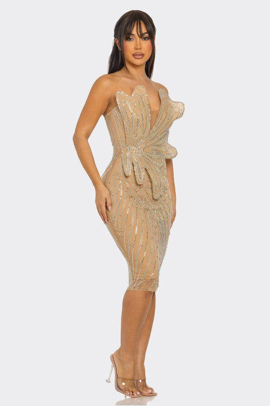 Flower Shape Rhinestone Suspender Mini Dress