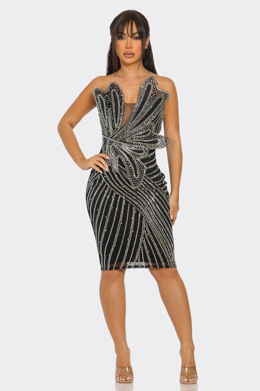 Flower Shape Rhinestone Suspender Mini Dress