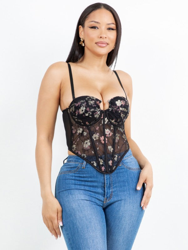 LACE CORSET TOP WITH FRONT FLORAL DETAIL