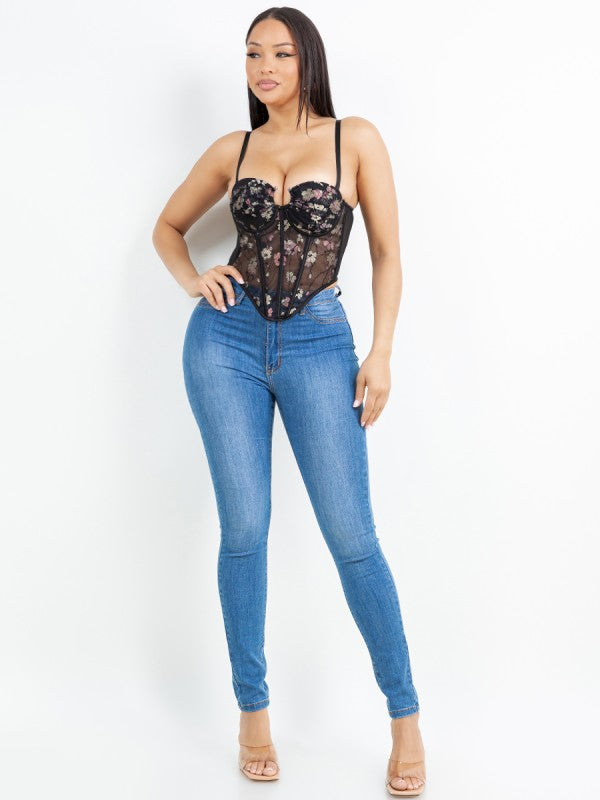 LACE CORSET TOP WITH FRONT FLORAL DETAIL