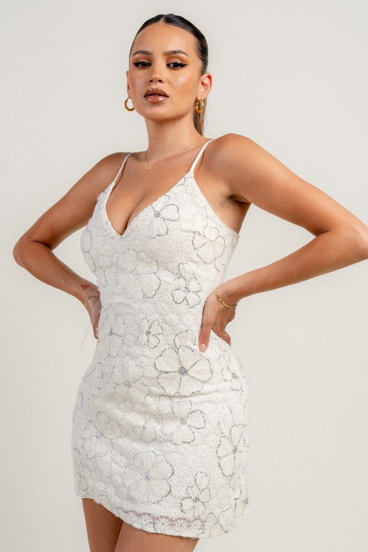 3d Mesh Flower Lace Mini Dress