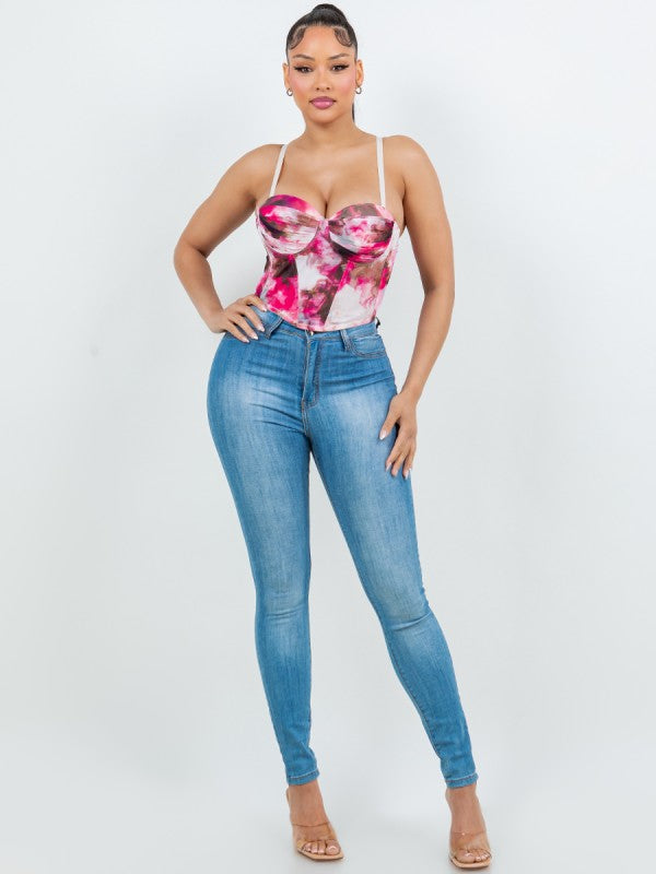 PRINT RUCHED BRA CUP CORSET TOP