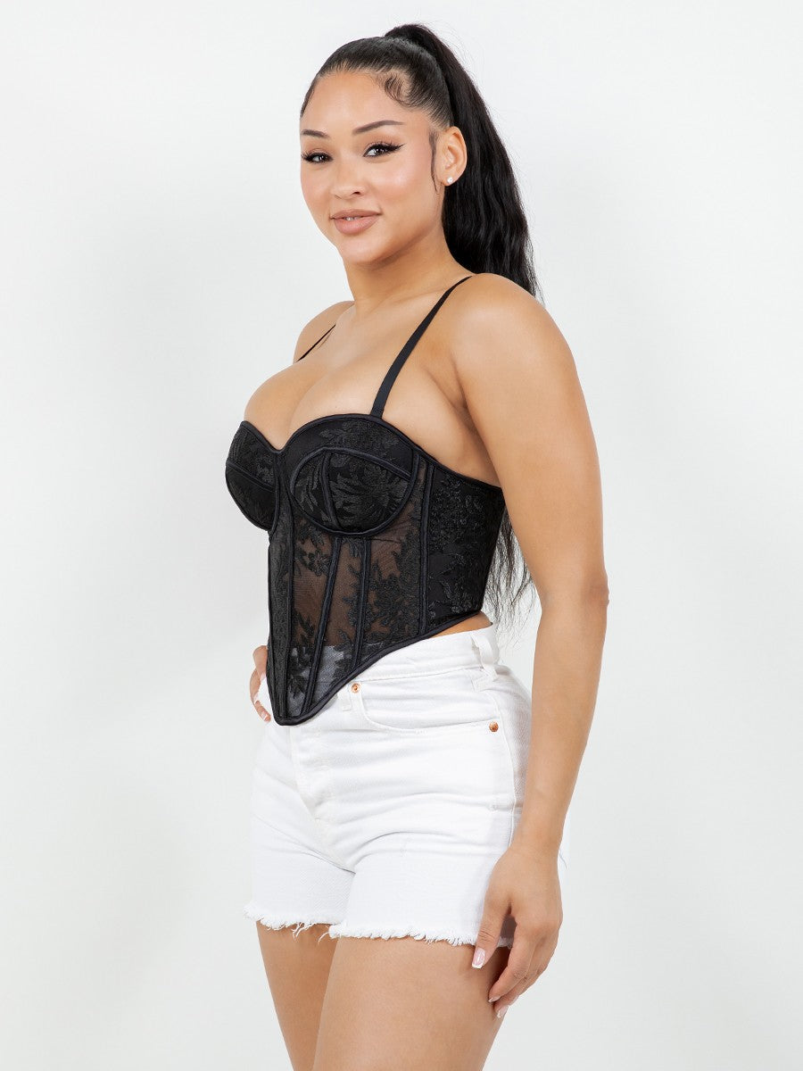 BLACK FLOWER EMBROIDED LACE CORSET