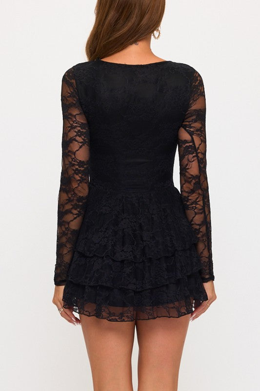 Lace Long Sleeve Ruffle Layered Mini Dress