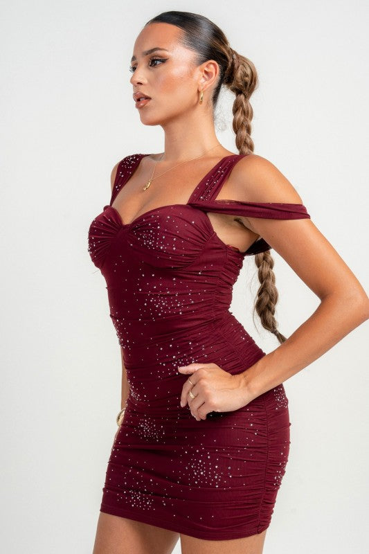 Bustier Drape Slv Ruching Stoned Mini Bodycon Dress