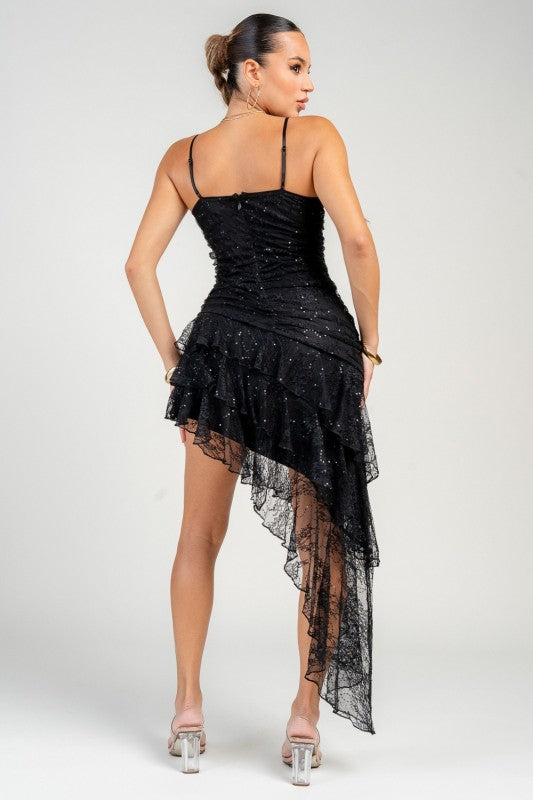 Bustier Ruching Asymmetrical Hem Ruffle Mini Dress