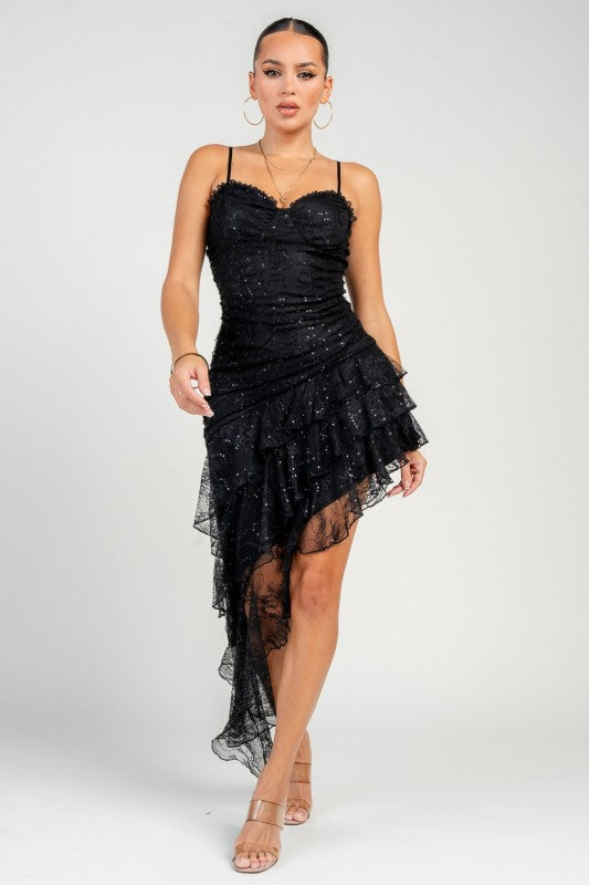 Bustier Ruching Asymmetrical Hem Ruffle Mini Dress