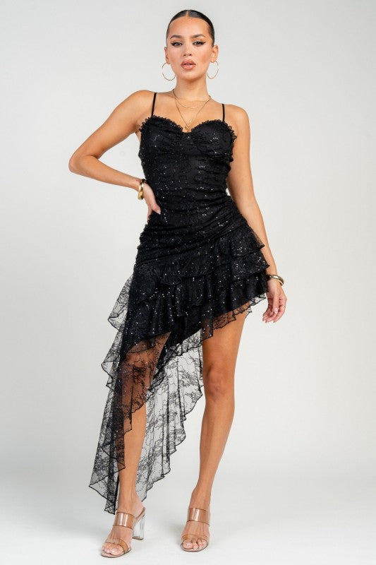 Bustier Ruching Asymmetrical Hem Ruffle Mini Dress