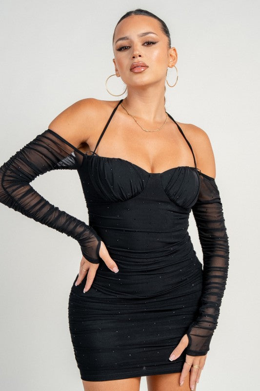 Mesh With Hotfix Rhinestone Long Sleeve Mini Dress