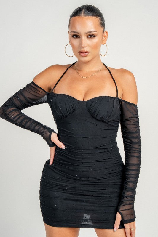 Mesh With Hotfix Rhinestone Long Sleeve Mini Dress