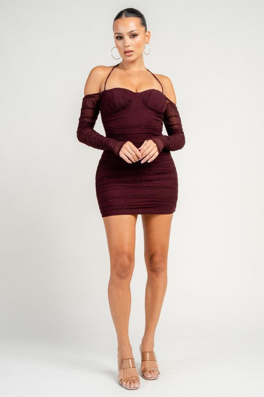Mesh With Hotfix Rhinestone Long Sleeve Mini Dress
