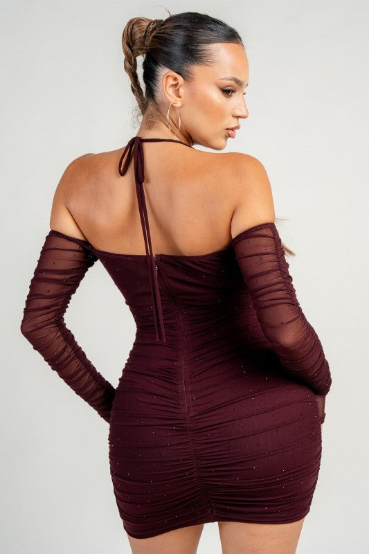 Mesh With Hotfix Rhinestone Long Sleeve Mini Dress