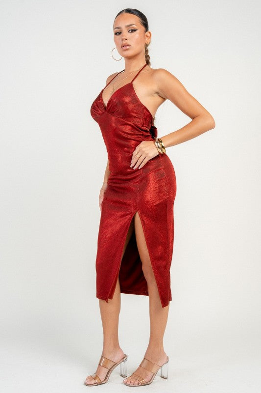 Halter Neck High Slit Midi Dress