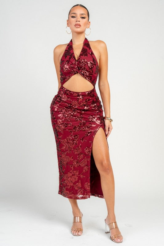 Sequin Halter Neck Tied Midi Dress